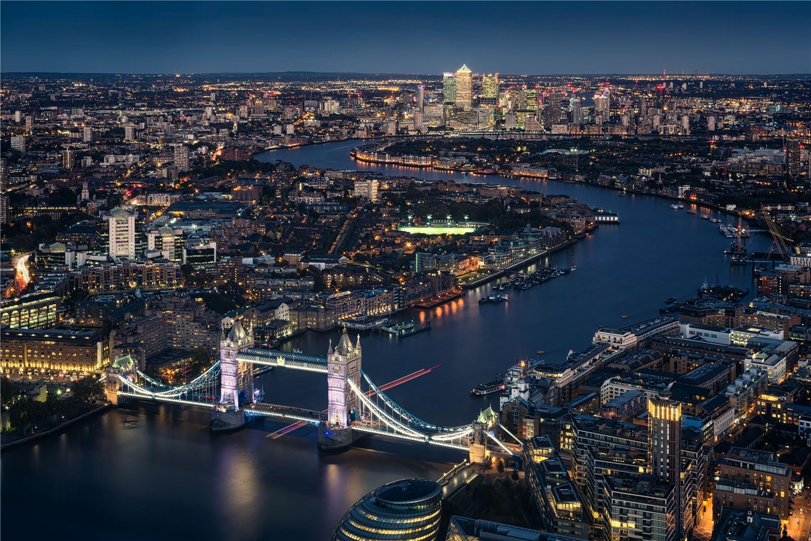 City and river at night, seen from above